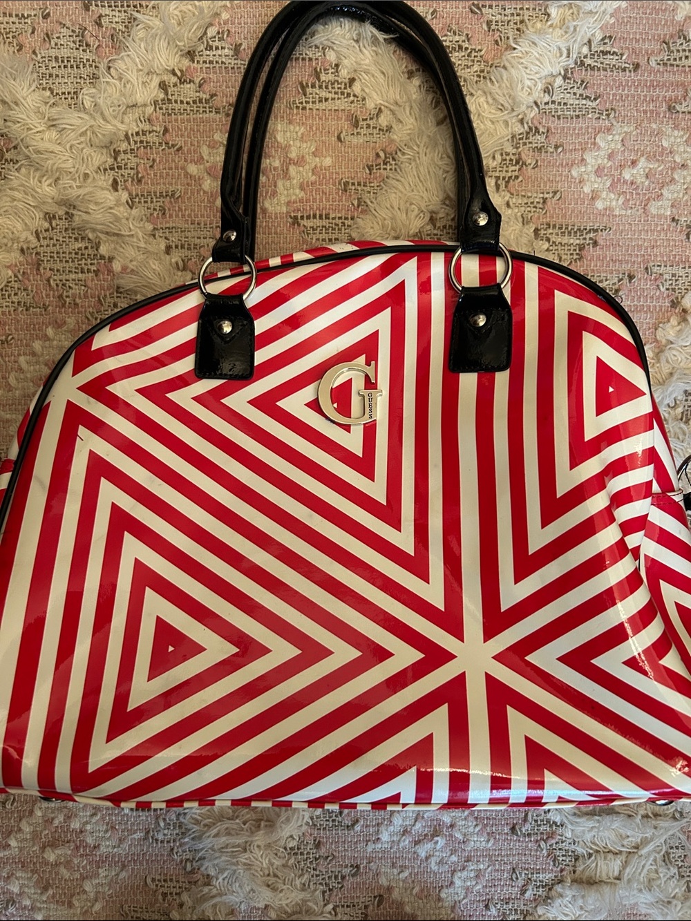 Guess Red and White Geometric Dome Tote with Black Handles